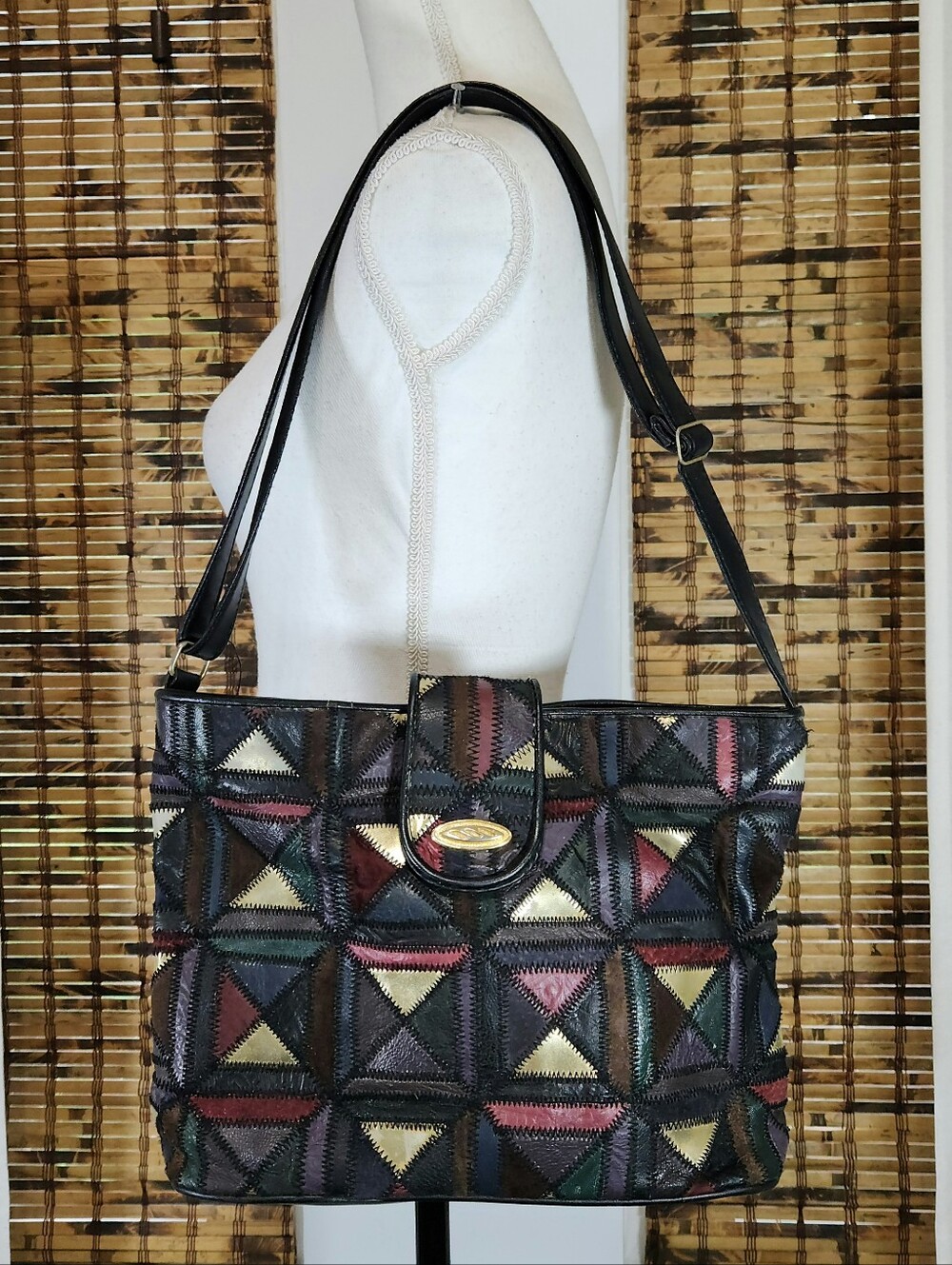 🌟 Rare Vintage 1980s La Covina Geometric Patchwork Leather Shoulder Bag 🌟